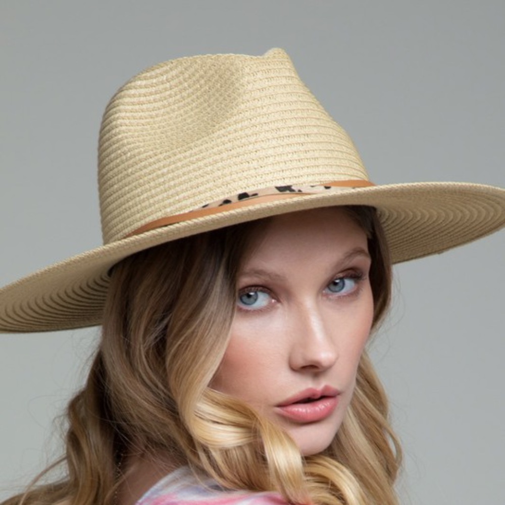 Boho Leopard Natural Trim Straw Panama Hat - Picture 8 of 13